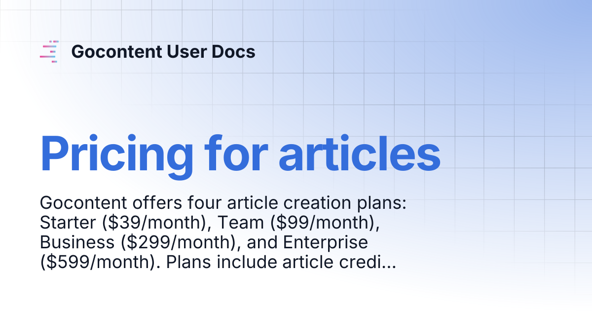 Pricing for articles | Gocontent User Docs
